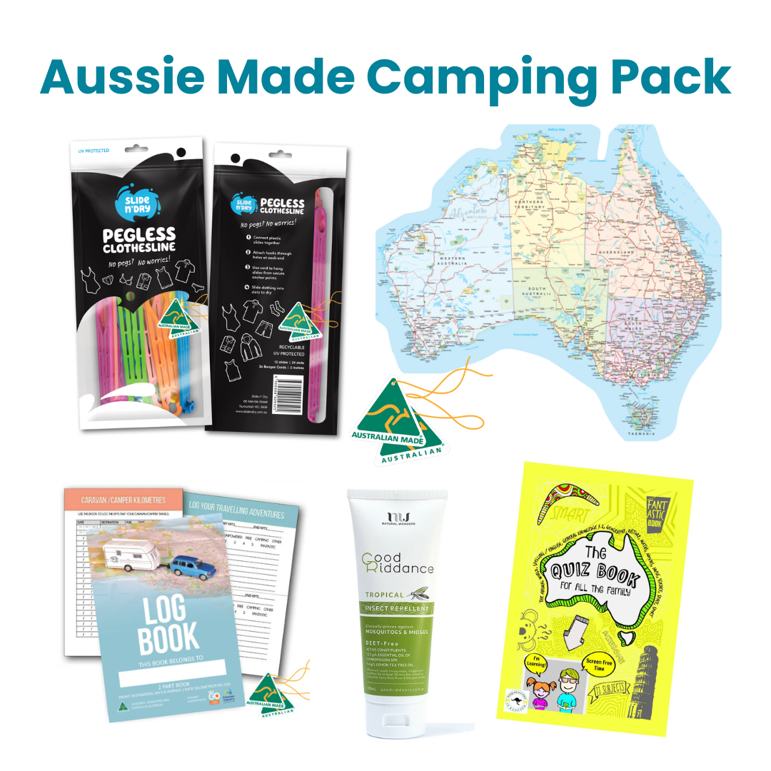 Aussie Made Camping Pack with various items including a map of Australia, log book, and toiletries.