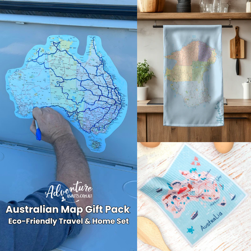 Collage of Australian map items including a scratch-off map, towel, and decorative mat.