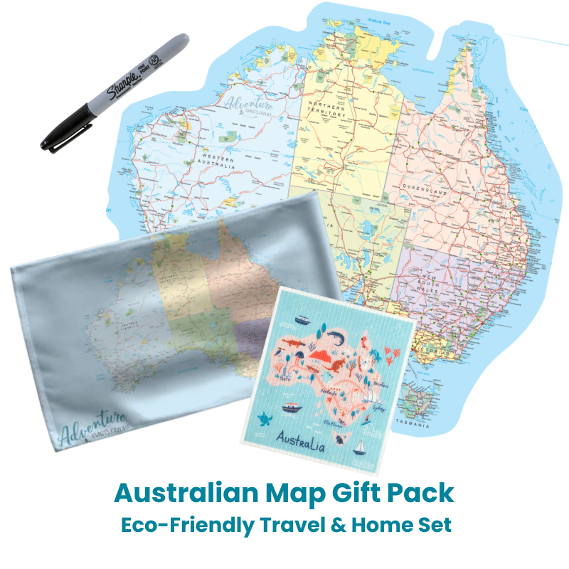 Australian map gift pack with markers and pouch on a white background