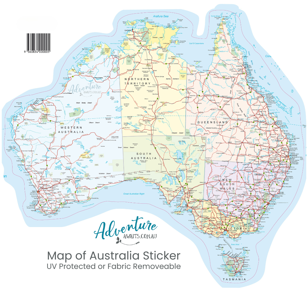 A sticker decal of a map of Australia with UV protection, showing states and major roads, with a 'Adventure Awaits' label at the bottom.