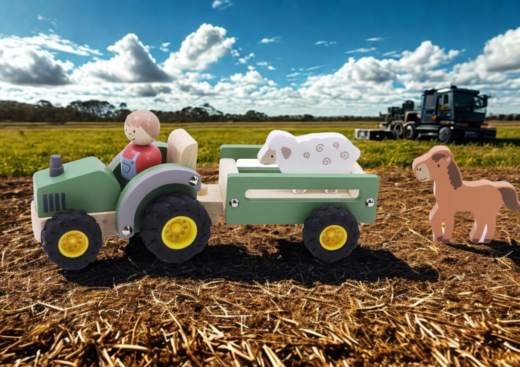 Wooden Tractor With Rubber Wheels And Farm Animals