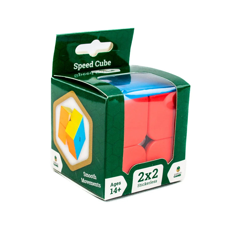 2x2 speed cube puzzle in green retail packaging with red and blue sides visible — Adventure Awaits