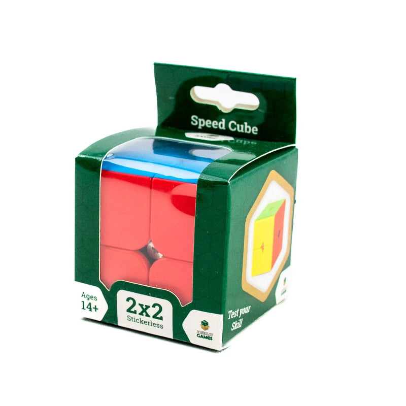 2x2 speed cube puzzle in green retail packaging with red and blue sides visible — Adventure Awaits