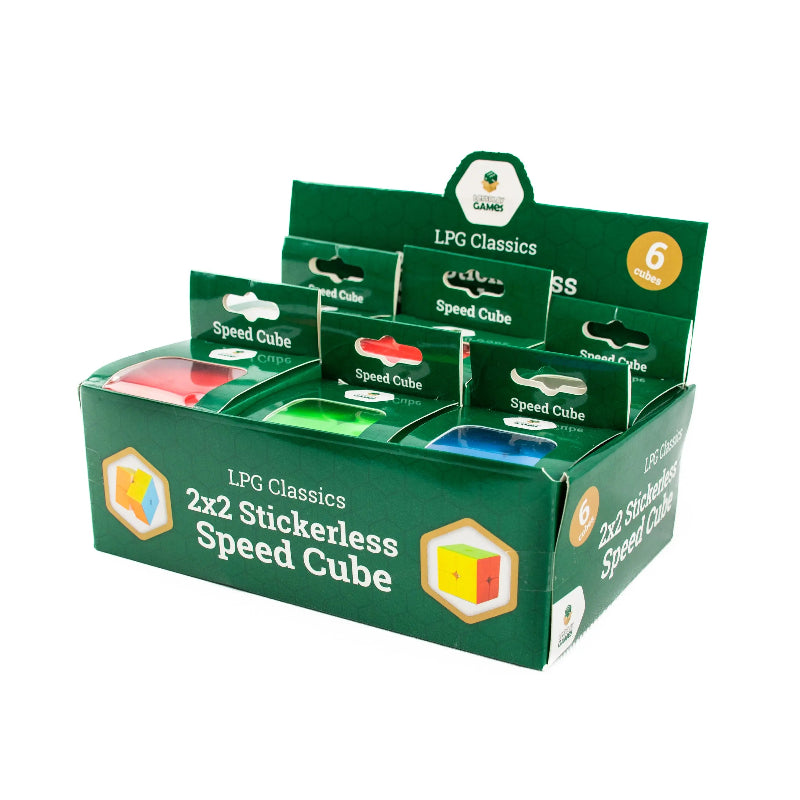 Display box of six 2x2 stickerless speed cube puzzles in assorted colours — Adventure Awaits