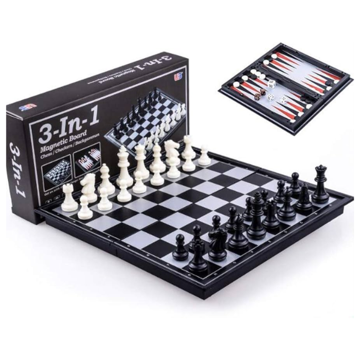 3-in-1 magnetic game board with chess, checkers and backgammon pieces and retail box — Adventure Awaits
