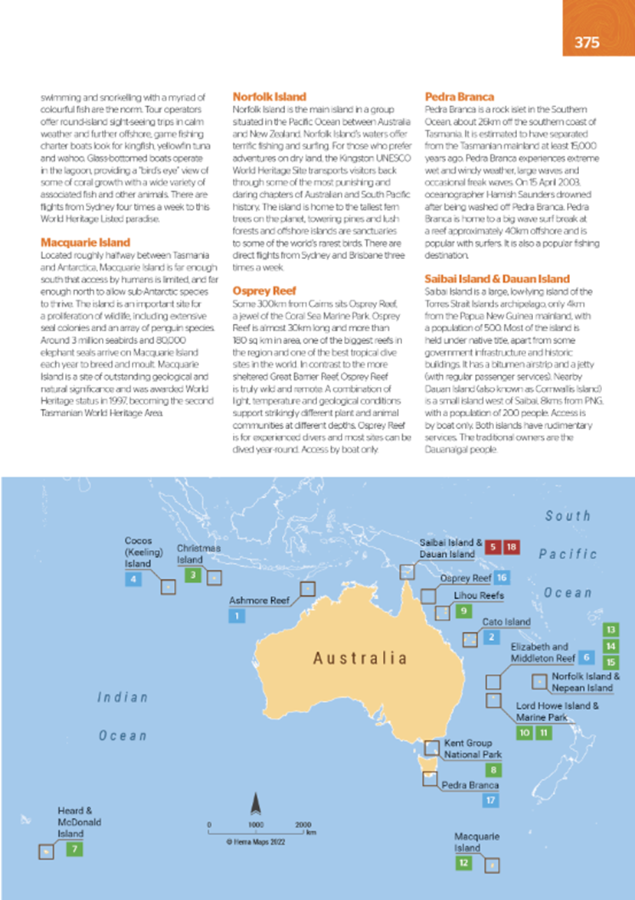 Hema Maps Australia travel guide page with island highlights and location map — Adventure Awaits