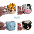 Four animal-themed mugs held by hands with a 'Adventure' logo in the center.