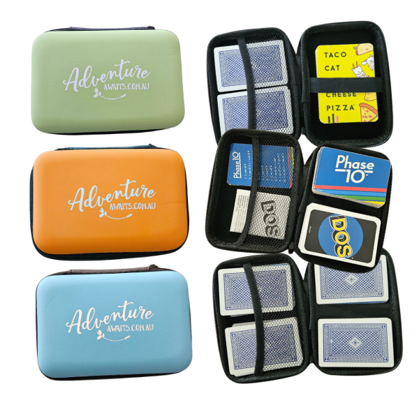 Collection of card game cases with 'Adventure Awaits' text and card games inside.