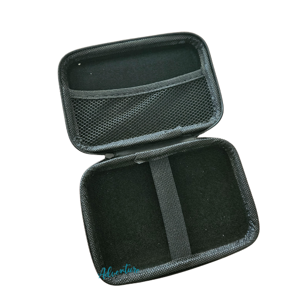 Black hard-shell travel case with mesh pocket on a white background