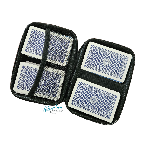 Four playing card decks in a black mesh case on a white background