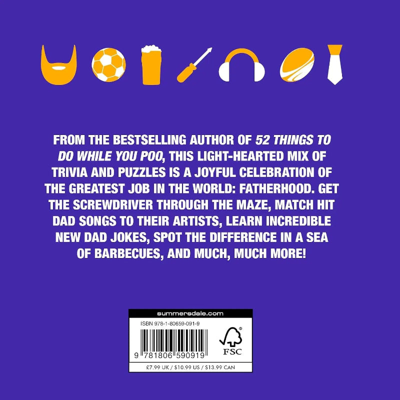 Back cover of 52 Things to Do While You Poo Dad Edition with trivia, puzzles and dad jokes — Adventure Awaits