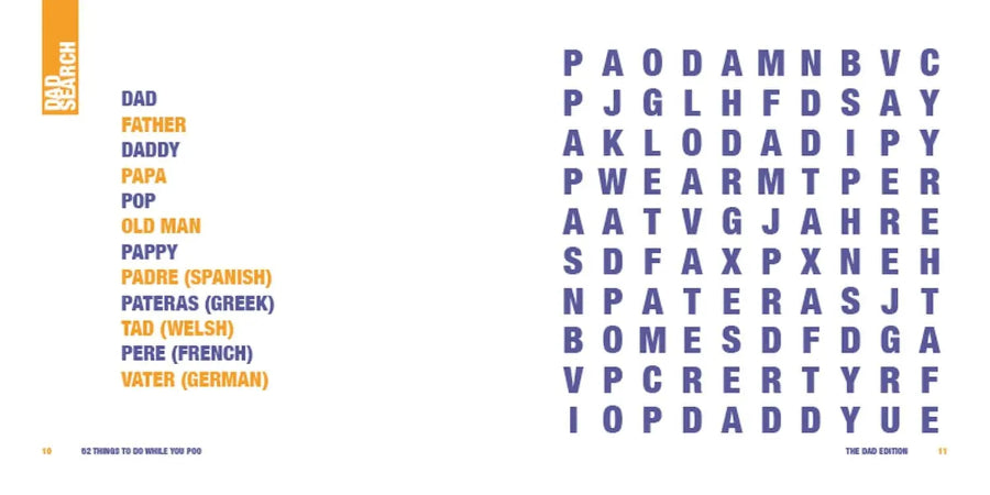 Dad-themed word search puzzle from 52 Things to Do While You Poo Dad Edition — Adventure Awaits
