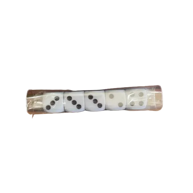 Five white dice with black dots sealed in clear plastic packaging — Adventure Awaits