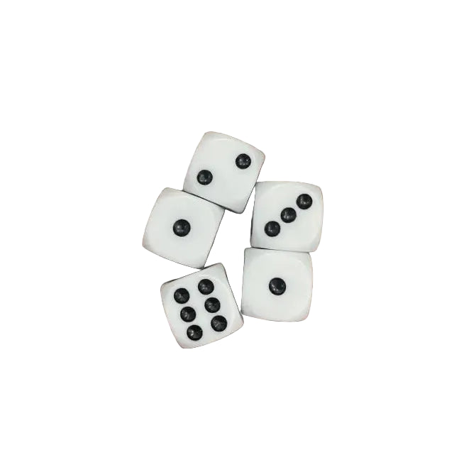 Five white dice with black dots arranged on a plain white background — Adventure Awaits