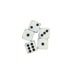 Five white dice with black dots arranged on a plain white background — Adventure Awaits