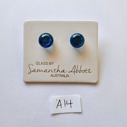 Blue glass earrings on a branded card with 'Samantha Abbott' on a white background