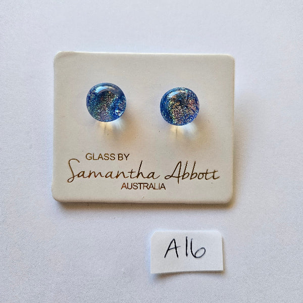 Pair of blue glass earrings on a branded card with 'Samantha Abbott Australia' on a white background.