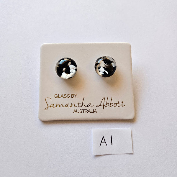 Pair of glass earrings on a 'Glass by Samantha Abbott Australia' card with a white background.