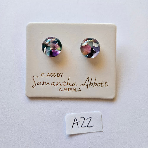 Pair of glass earrings on a branded card with 'Samantha Abbott' branding.