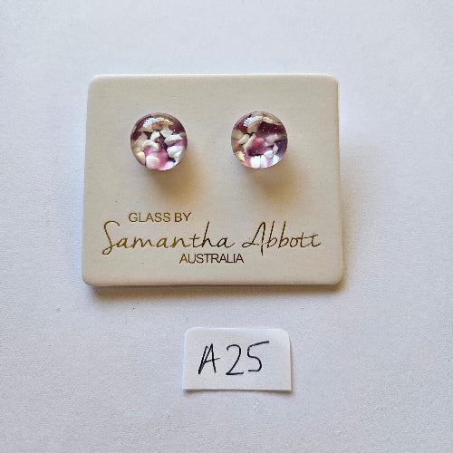 Pair of stud earrings on a Samantha Abbott branded card with a small label 'A25' to the side.