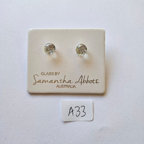 samantha abbott glass stud earrings Pair of silver stud earrings on a branded card with 'A33' label.