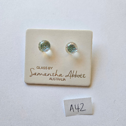 Pair of earrings on a 'Glass by Samantha Abbott Australia' card with a label 'A42'.