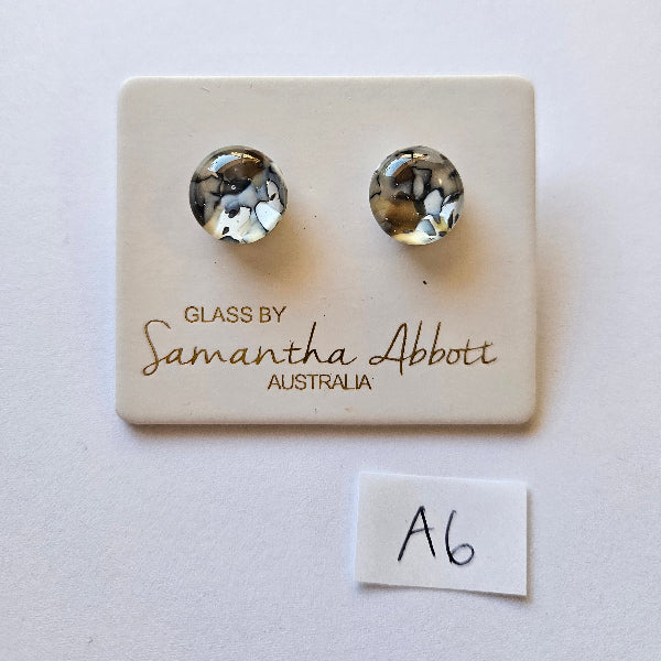 Pair of round earrings on a 'Glass by Samantha Abbott Australia' card with a white background.