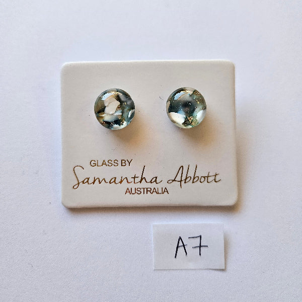 Pair of glass earrings on a branded card with 'Samantha Abbott' branding.
