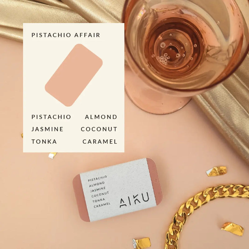 Pistachio Affair solid perfume with pistachio, almond, jasmine, coconut, tonka and caramel notes — Adventure Awaits