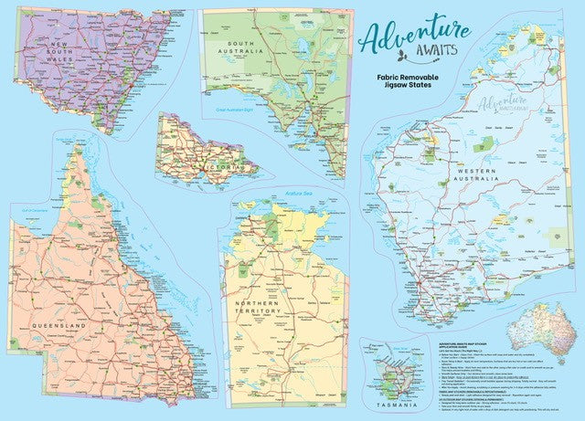 Map of Australia with different states colored and labeled, featuring a 'Fabric Removable Sticker' text.