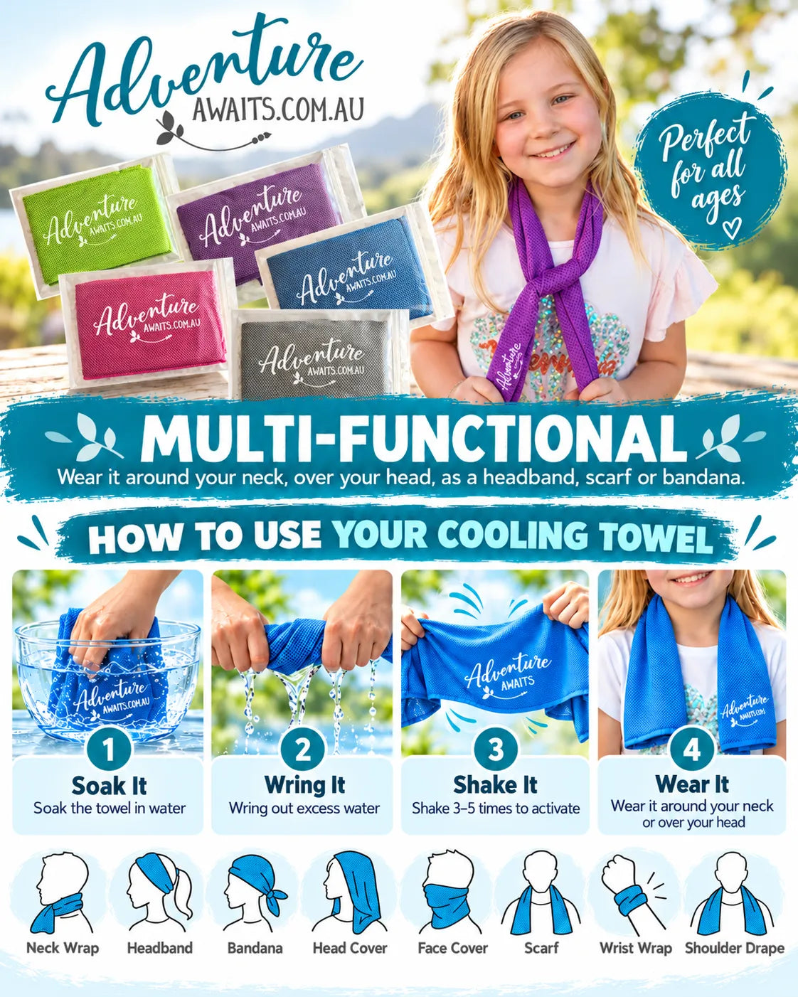 Adventure Awaits multi-functional cooling towel guide showing how to soak, wring, shake and wear the towel, with illustrations of eight ways to wear it.