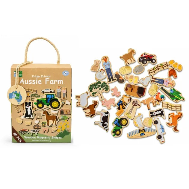 A children's wooden farm-themed puzzle set shown with its box on a white background. The box is tan with a rope handle and reads 'Aussie Farm' and 'Fridge Friends.