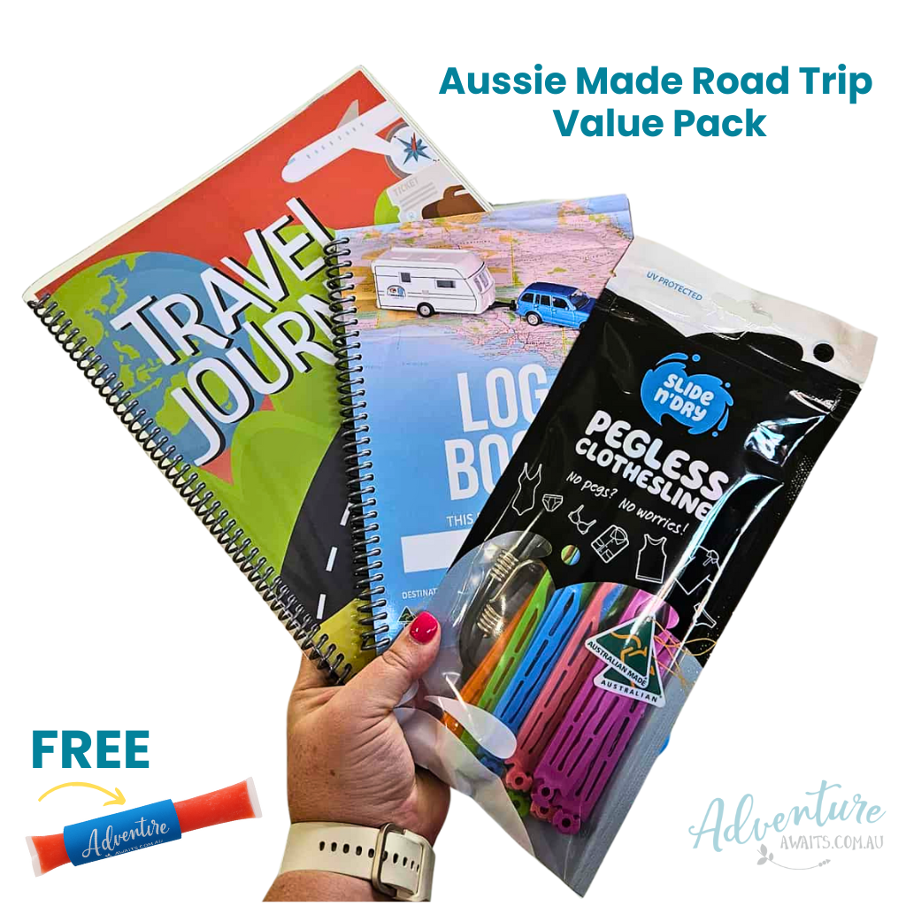 Road trip value pack with travel journal, log book, and pegless clothesline in a hand.