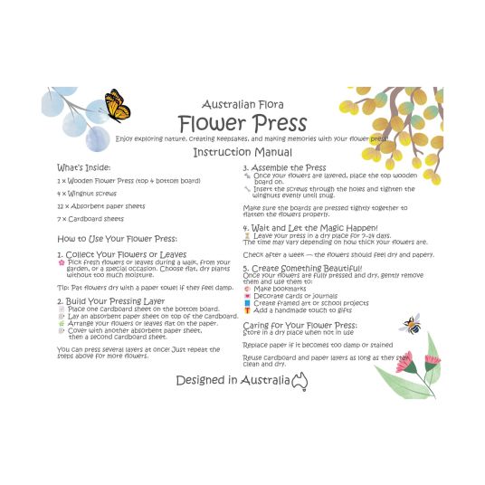 Australian Flora Flower Press instruction sheet with contents, pressing steps and native botanical artwork, Adventure Awaits
