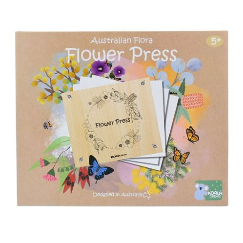 Australian Flora Flower Press kit with wooden press and colourful native flowers for ages five plus, Adventure Awaits