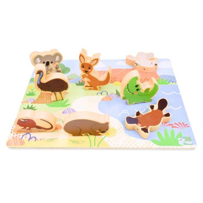 Australian animal wooden puzzle with chunky native wildlife pieces standing upright — Adventure Awaits