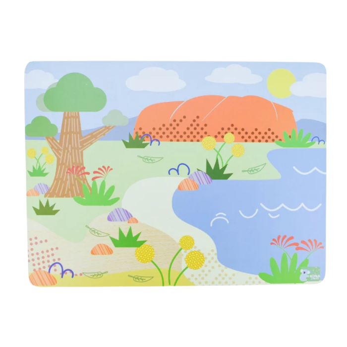 Australian animal wooden puzzle board with colourful outback landscape and empty animal spaces — Adventure Awaits