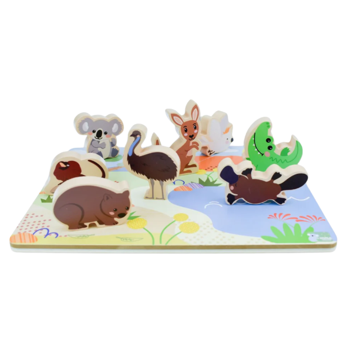 Australian animal wooden puzzle with chunky native wildlife pieces standing on the board — Adventure Awaits