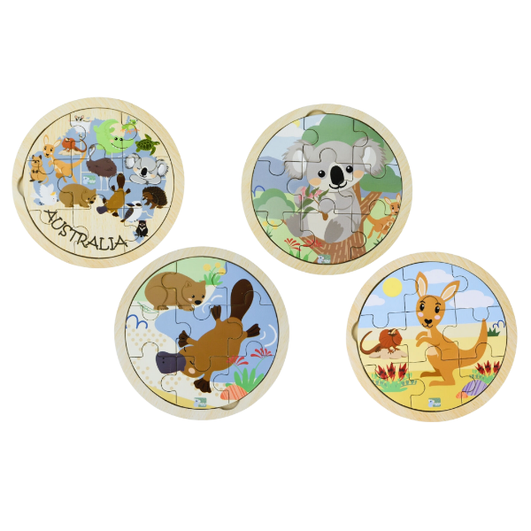 Set of four circular puzzles featuring Australian animals on a white background