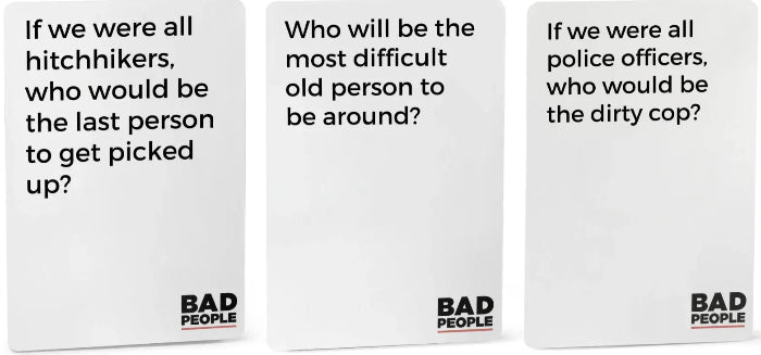 Bad People card examples with cheeky questions from adults party game Adventure Awaits