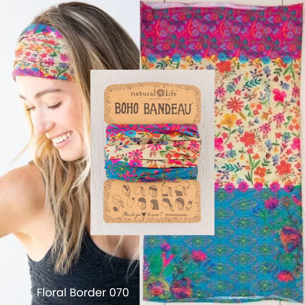 Boho Bandeau Floral Border as headband and on display 