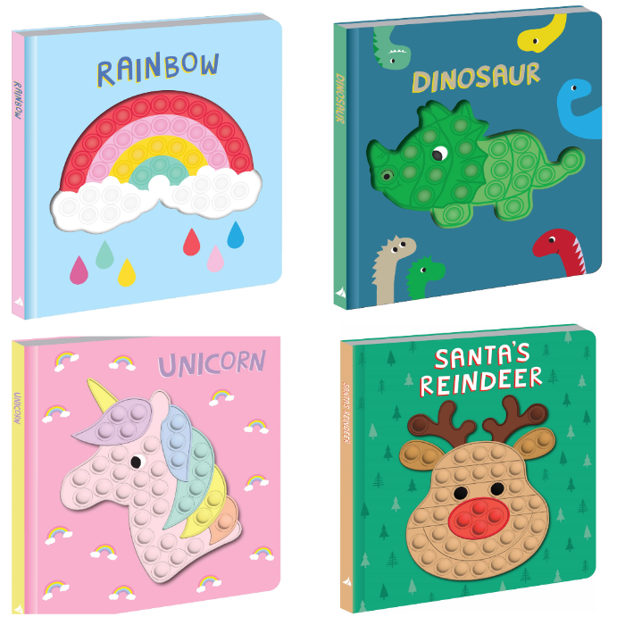 Four colourful silicone pop it board books with rainbow, dinosaur, unicorn and reindeer designs — Adventure Awaits