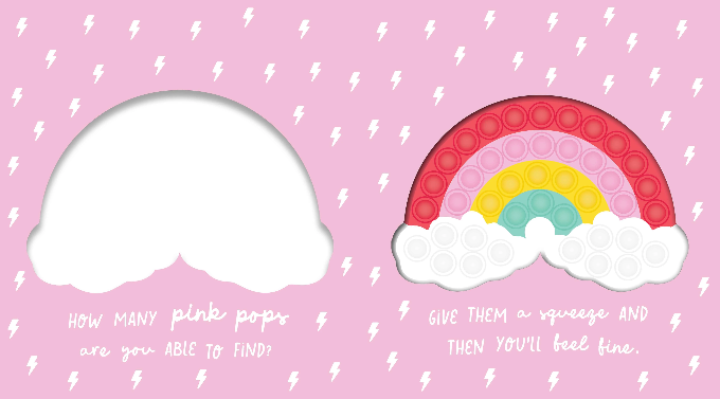 Rainbow pop it board book activity page with pink background and squeeze-and-find bubbles — Adventure Awaits