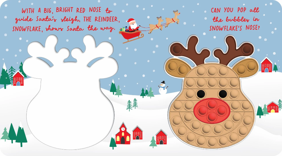 Santa’s Reindeer pop it board book open on snowy Christmas activity pages — Adventure Awaits