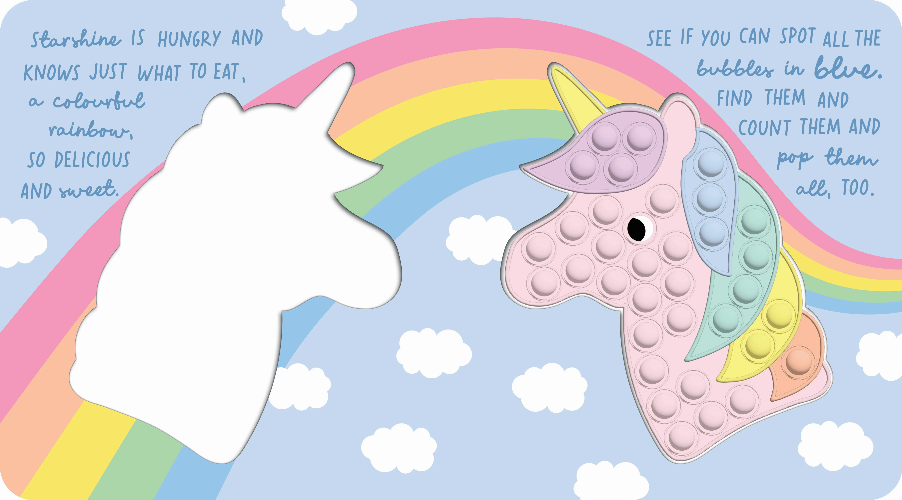 Unicorn pop it board book activity page with rainbow, clouds and pastel sensory bubbles — Adventure Awaits