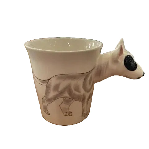 Cream ceramic bull terrier mug with sculpted dog head handle and illustrated body — Adventure Awaits