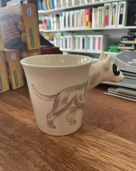 Cream bull terrier mug with illustrated dog body and sculpted head handle — Adventure Awaits