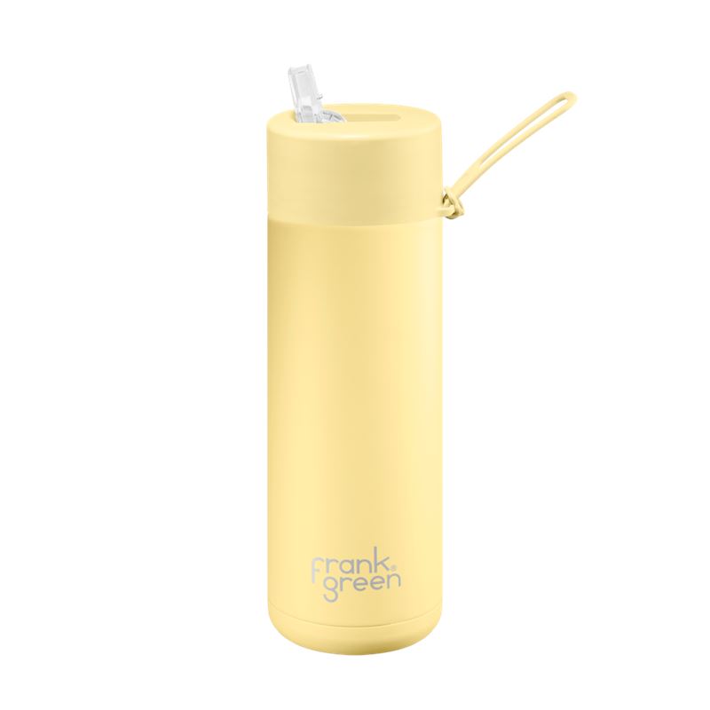 Buttermilk Frank Green bottle with flip straw lid and matching carry strap — Adventure Awaits