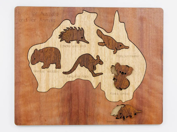 Australian map timber puzzle with wombat, echidna, platypus, kangaroo, koala and Tasmanian devil — Adventure Awaits