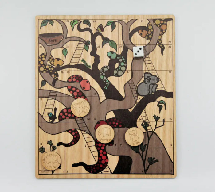 Australian timber snakes and ladders board with native animal counters and wooden dice — Adventure Awaits